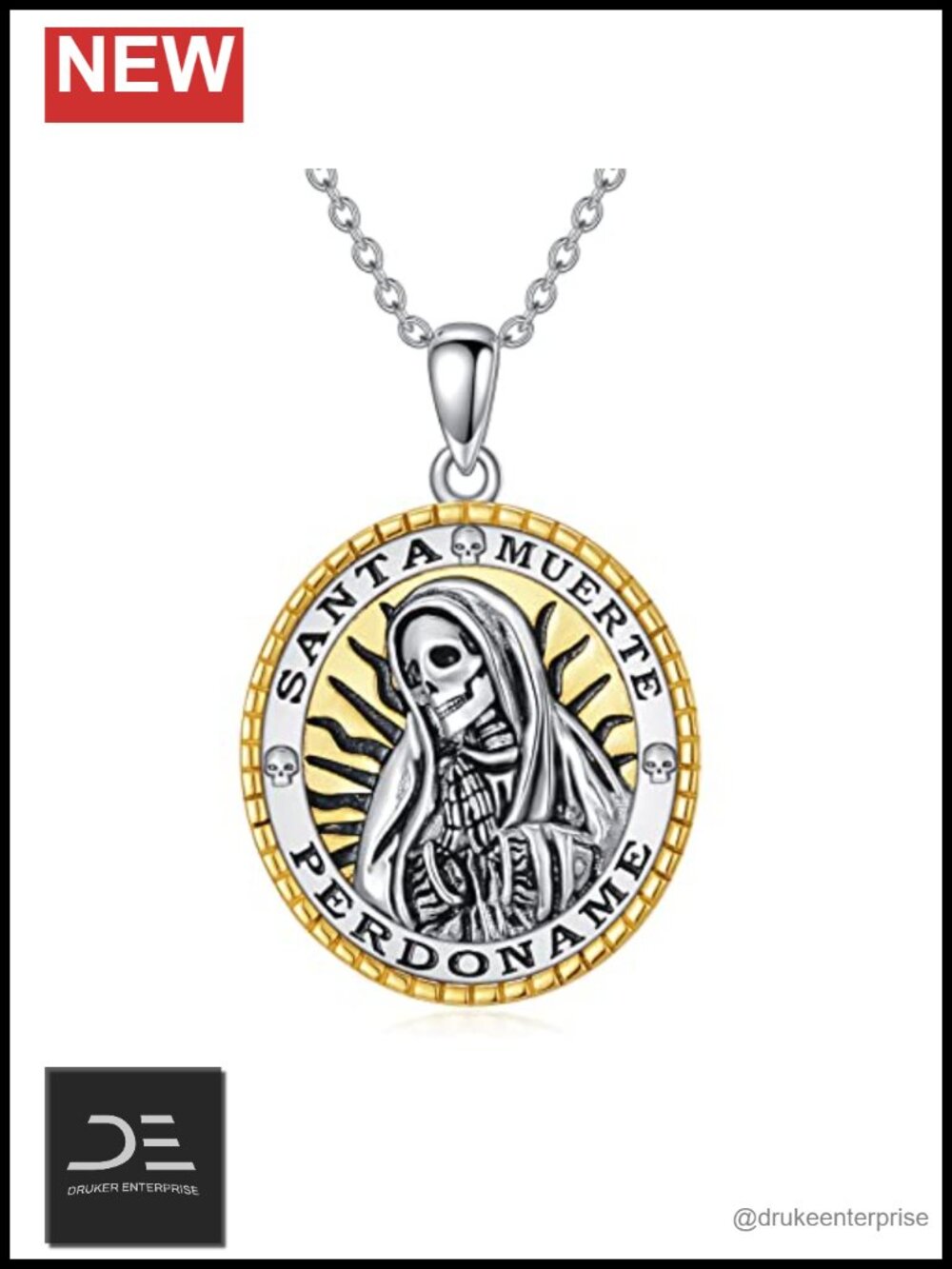 925 Sterling Silver Santa Muerte Pendant Necklace 18" Cable Chain